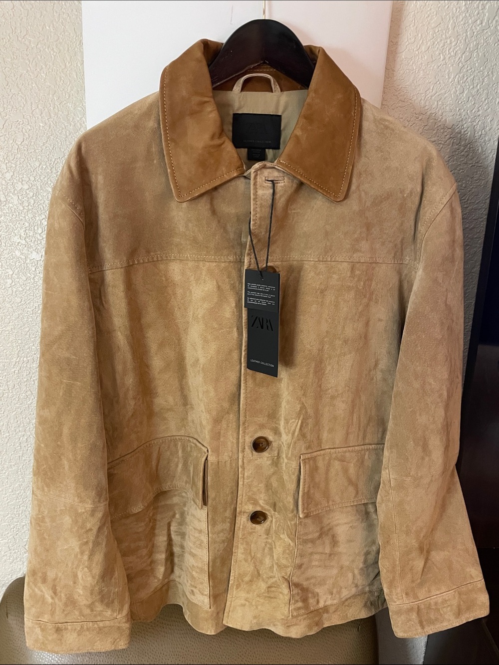 Zara Men's  leather  Suede Jacket in Tan with Contrasting Collar